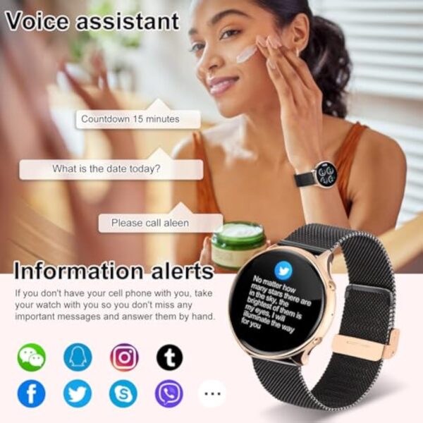 elfofle Montre Connectée Femme avec Appel Bluetooth, écran Tactile TFT HD 1,39", IP67, étanche avec 120 Sports, Fréquence Cardiaque, Cycle Menstruel,Podomètre pour Android iOS Or Noir Cadeau – Image 8