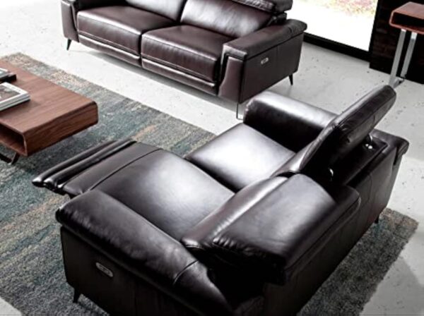 Angel Cerda Canapé 3 places tapissé en cuir de vachette, couleur marron chocolat, appuie-tête articulé indépendant, deux mécanismes de relaxation électriques, pieds en acier noir massif, style moderne – Image 8