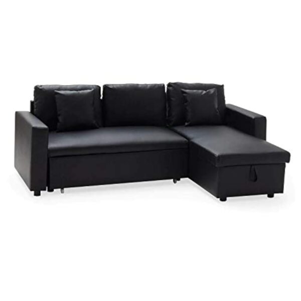 BENEFFITO Milford - Canapé d'angle Convertible 3 Places - Couchage 2 Personnes - Méridienne réversible Angle Droit ou Gauche - Coffre de Rangement - Simili Cuir Noir – Image 2
