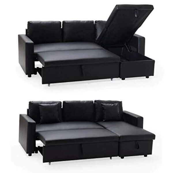 BENEFFITO Milford - Canapé d'angle Convertible 3 Places - Couchage 2 Personnes - Méridienne réversible Angle Droit ou Gauche - Coffre de Rangement - Simili Cuir Noir – Image 3