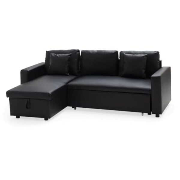BENEFFITO Milford - Canapé d'angle Convertible 3 Places - Couchage 2 Personnes - Méridienne réversible Angle Droit ou Gauche - Coffre de Rangement - Simili Cuir Noir – Image 4