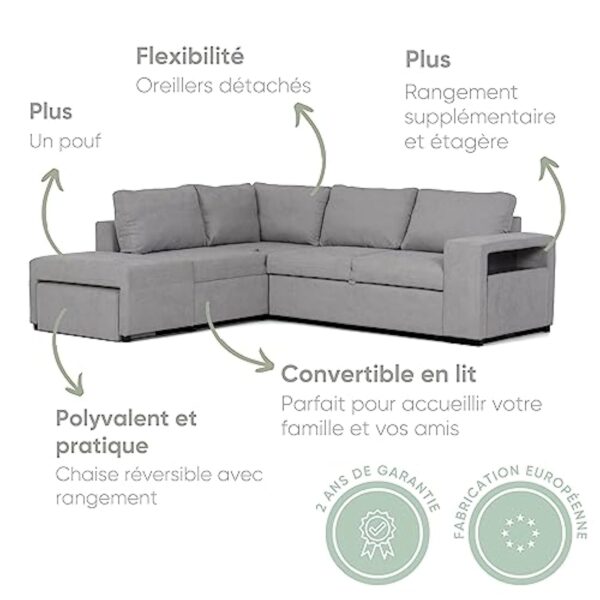 BUDWING Zurie Canapé d'angle en L Convertible Reversible 3 4 et 5 Places Chaise Longue Droit ou Gauche avec Pouf 2 Coffres et Étagère Salon Décoration Maison – Image 3