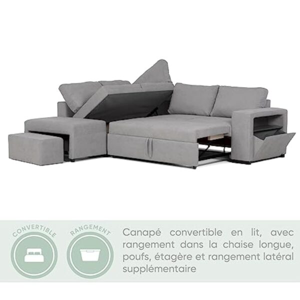 BUDWING Zurie Canapé d'angle en L Convertible Reversible 3 4 et 5 Places Chaise Longue Droit ou Gauche avec Pouf 2 Coffres et Étagère Salon Décoration Maison – Image 6