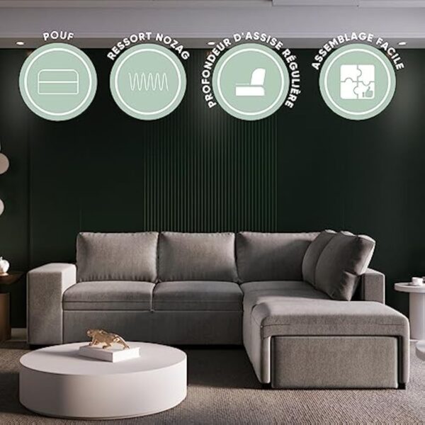 BUDWING Zurie Canapé d'angle en L Convertible Reversible 3 4 et 5 Places Chaise Longue Droit ou Gauche avec Pouf 2 Coffres et Étagère Salon Décoration Maison – Image 8