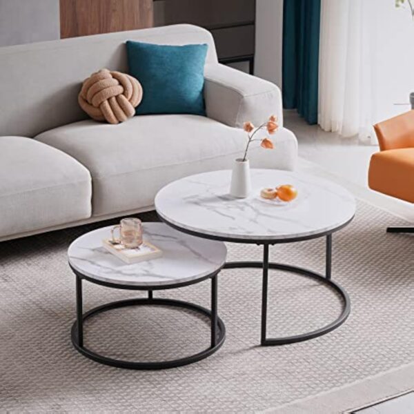 BenyLed Lot de 2 Tables Basses Gigognes (Imitation Marbre), Table de Salon Ronde, Grand: 60 x 60 x 45 cm et Petit : 40 x 40 x 35 cm (Blanc/Noir)