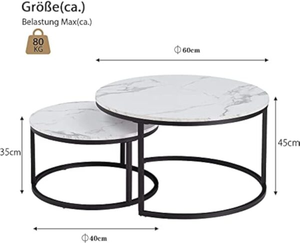 BenyLed Lot de 2 Tables Basses Gigognes (Imitation Marbre), Table de Salon Ronde, Grand: 60 x 60 x 45 cm et Petit : 40 x 40 x 35 cm (Blanc/Noir) – Image 3