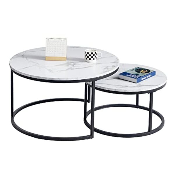 BenyLed Lot de 2 Tables Basses Gigognes (Imitation Marbre), Table de Salon Ronde, Grand: 60 x 60 x 45 cm et Petit : 40 x 40 x 35 cm (Blanc/Noir) – Image 4
