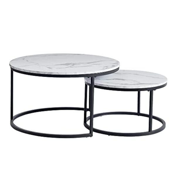 BenyLed Lot de 2 Tables Basses Gigognes (Imitation Marbre), Table de Salon Ronde, Grand: 60 x 60 x 45 cm et Petit : 40 x 40 x 35 cm (Blanc/Noir) – Image 5