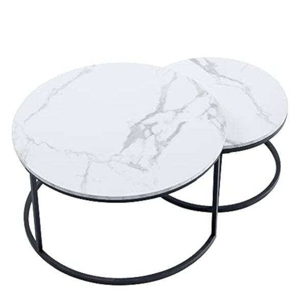 BenyLed Lot de 2 Tables Basses Gigognes (Imitation Marbre), Table de Salon Ronde, Grand: 60 x 60 x 45 cm et Petit : 40 x 40 x 35 cm (Blanc/Noir) – Image 6