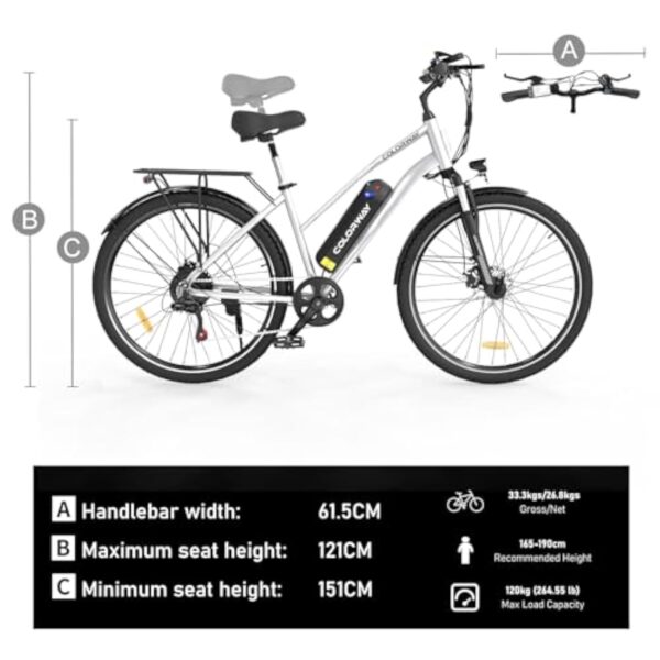 COLORWAY Velo electrique, ebike de 28 Pouces pour hommes et femmes, vélo électrique de ville avec au lithium amovible 36V 15Ah, 7 vitesses avec moteur 250W, écran intelligent, autonomie de 45 à 100 km – Image 8