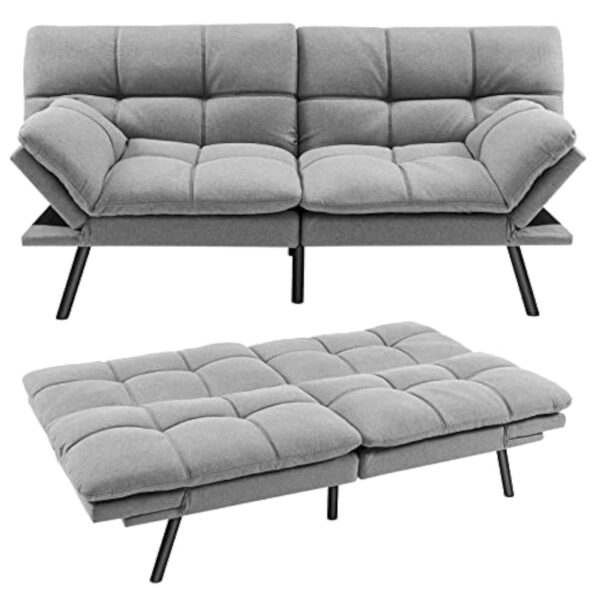 COSTWAY Canapé-Lit Convertible 5 en 1 avec Dossier et Accoudoirs Réglables, Canapé Futon 3 Places en Mousse à Mémoire, Pieds Métalliques, pour Petits Appartements, Salon, Bureau, Charge 273 kg (Gris)