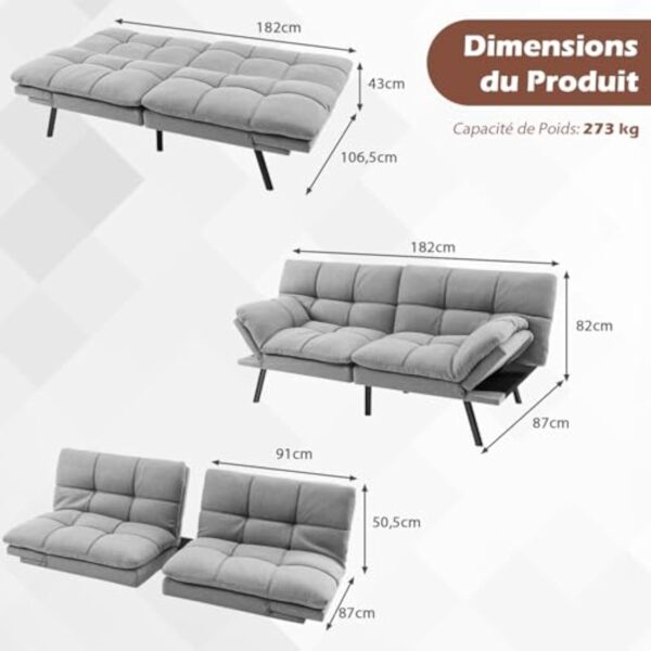 COSTWAY Canapé-Lit Convertible 5 en 1 avec Dossier et Accoudoirs Réglables, Canapé Futon 3 Places en Mousse à Mémoire, Pieds Métalliques, pour Petits Appartements, Salon, Bureau, Charge 273 kg (Gris) – Image 4