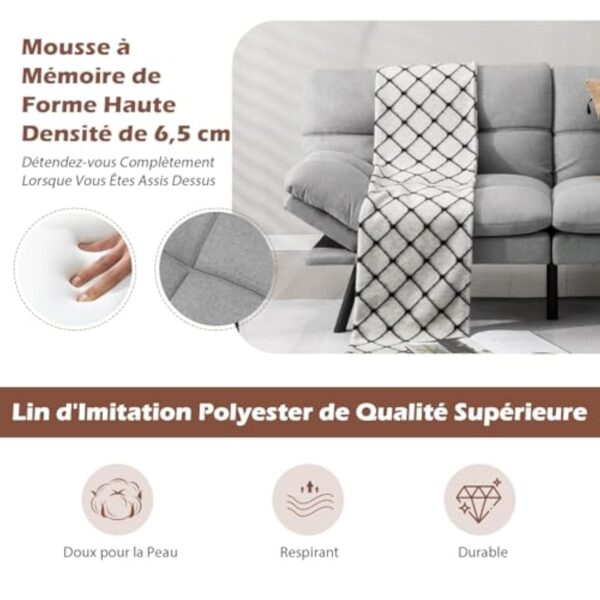COSTWAY Canapé-Lit Convertible 5 en 1 avec Dossier et Accoudoirs Réglables, Canapé Futon 3 Places en Mousse à Mémoire, Pieds Métalliques, pour Petits Appartements, Salon, Bureau, Charge 273 kg (Gris) – Image 6