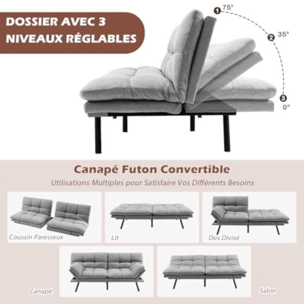COSTWAY Canapé-Lit Convertible 5 en 1 avec Dossier et Accoudoirs Réglables, Canapé Futon 3 Places en Mousse à Mémoire, Pieds Métalliques, pour Petits Appartements, Salon, Bureau, Charge 273 kg (Gris) – Image 7