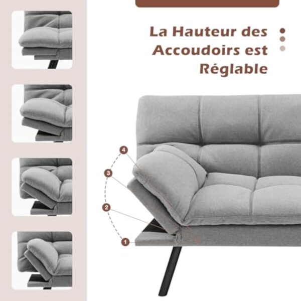 COSTWAY Canapé-Lit Convertible 5 en 1 avec Dossier et Accoudoirs Réglables, Canapé Futon 3 Places en Mousse à Mémoire, Pieds Métalliques, pour Petits Appartements, Salon, Bureau, Charge 273 kg (Gris) – Image 8