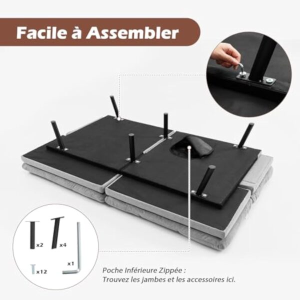 COSTWAY Canapé-Lit Convertible 5 en 1 avec Dossier et Accoudoirs Réglables, Canapé Futon 3 Places en Mousse à Mémoire, Pieds Métalliques, pour Petits Appartements, Salon, Bureau, Charge 273 kg (Gris) – Image 9