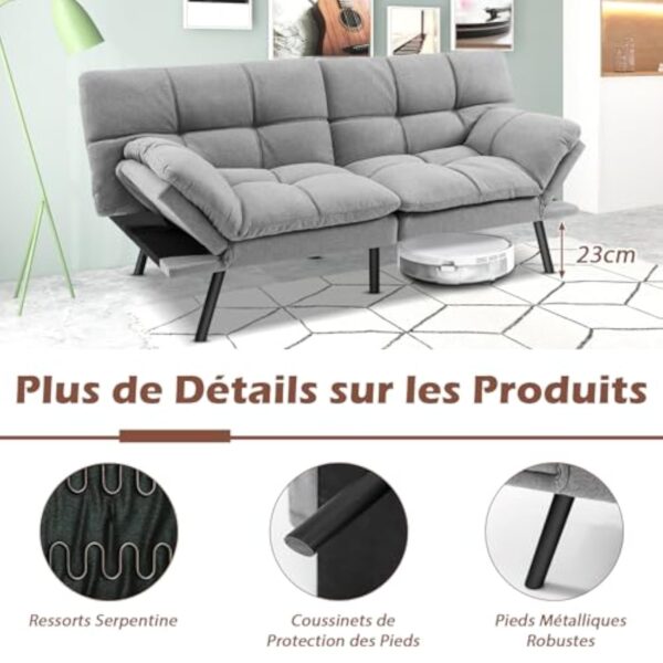 COSTWAY Canapé-Lit Convertible 5 en 1 avec Dossier et Accoudoirs Réglables, Canapé Futon 3 Places en Mousse à Mémoire, Pieds Métalliques, pour Petits Appartements, Salon, Bureau, Charge 273 kg (Gris) – Image 10