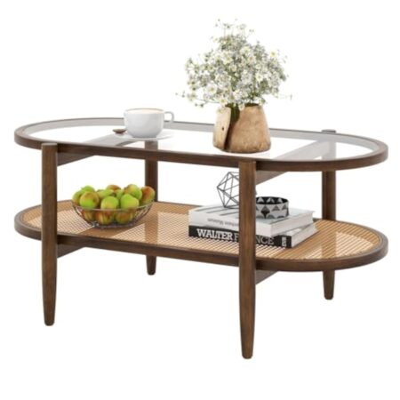 COSTWAY Table Basse Bois, Table Basse Salon Ovale, Cadre en Bois Courbé, Design Cannage en Rotin PE, Table Salon pour Salon, 90x50x45cm