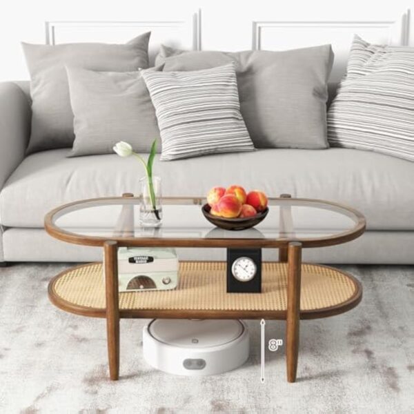 COSTWAY Table Basse Bois, Table Basse Salon Ovale, Cadre en Bois Courbé, Design Cannage en Rotin PE, Table Salon pour Salon, 90x50x45cm – Image 3