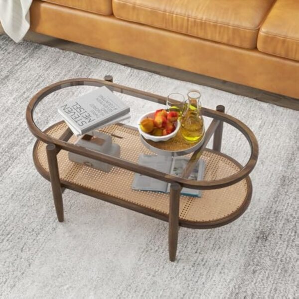 COSTWAY Table Basse Bois, Table Basse Salon Ovale, Cadre en Bois Courbé, Design Cannage en Rotin PE, Table Salon pour Salon, 90x50x45cm – Image 4