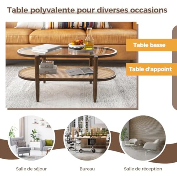 COSTWAY Table Basse Bois, Table Basse Salon Ovale, Cadre en Bois Courbé, Design Cannage en Rotin PE, Table Salon pour Salon, 90x50x45cm – Image 7