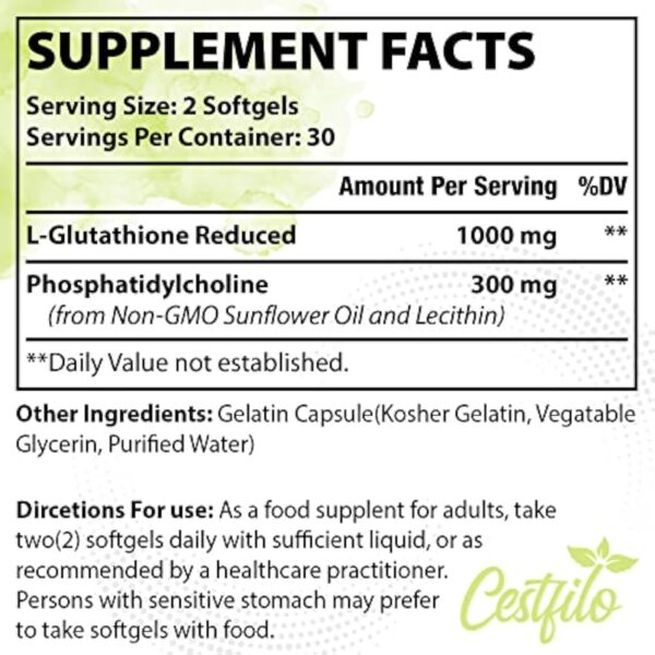 Cestfilo Liposomal Glutathion Réduit 1300 mg, Forme Active L Glutathion Réductase (GSH), Puissant Antioxydant pour une Protection Cellulaire Optimale (60 unité (Lot de 1)) – Image 3