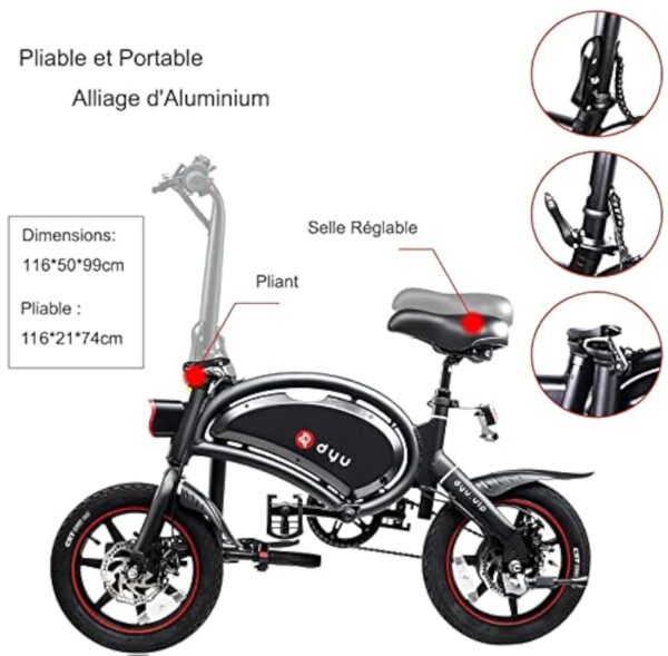 DYU Vélo Électrique Pliable,14 Pouces Vélo Électrique Portable,Smart E-Bike avec 3 Modes de Conduite, Pédalage Assisté, Hauteur Réglable, Portable Compact, Adulte Unisexe – Image 3