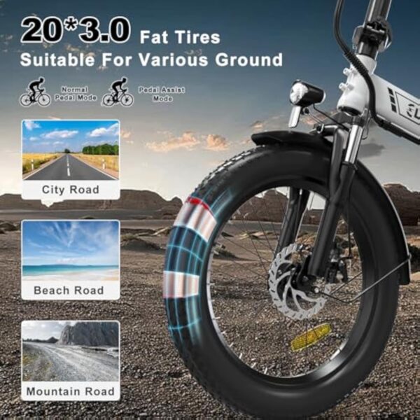 ELEKGO Vélo électrique 20" Gros Pneu 3.0 vélo électrique 36V12Ah Batterie vélo Pliant, 7 Vitesses Transmission vélo de Ville, Moteur 250W VTT pour Adultes – Image 5