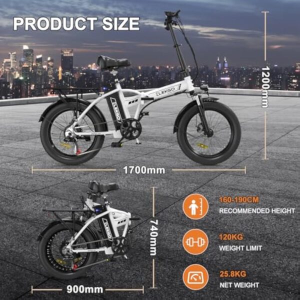 ELEKGO Vélo électrique 20" Gros Pneu 3.0 vélo électrique 36V12Ah Batterie vélo Pliant, 7 Vitesses Transmission vélo de Ville, Moteur 250W VTT pour Adultes – Image 8