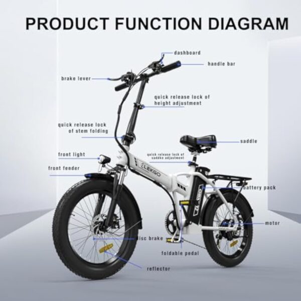 ELEKGO Vélo électrique 20" Gros Pneu 3.0 vélo électrique 36V12Ah Batterie vélo Pliant, 7 Vitesses Transmission vélo de Ville, Moteur 250W VTT pour Adultes – Image 9