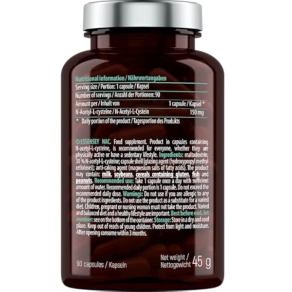ESSENSEY - N-acétyl-L-cystéine I 150 mg par gélules I 90 gélules I Haute biodisponibilité et tolérance I Végétarien et sans additifs I 90 doses quotidiennes I Facile à avaler I Testé en laboratoire – Image 4