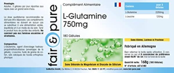 Fair & Pure® - L-Glutamine 750mg - avec 2250mg de L-Glutamine par dose journalière - végan - 180 gélules – Image 5