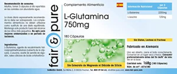 Fair & Pure® - L-Glutamine 750mg - avec 2250mg de L-Glutamine par dose journalière - végan - 180 gélules – Image 6