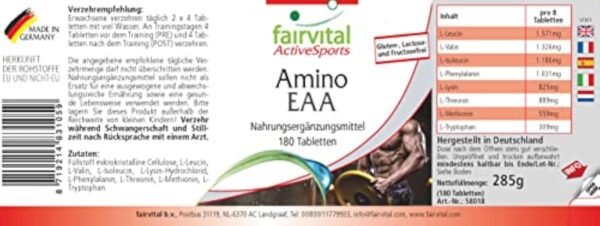Fairvital | Amino EAA - 180 comprimés - acides aminés essentiels - phénylalanine, tryptophane, thréonine, lysine, valine, méthionine, leucine et isoleucine - 100% végan- Made in Germany – Image 3