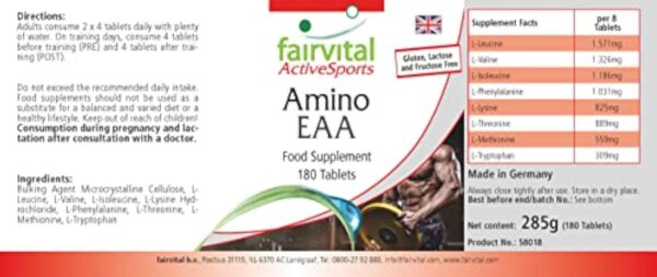 Fairvital | Amino EAA - 180 comprimés - acides aminés essentiels - phénylalanine, tryptophane, thréonine, lysine, valine, méthionine, leucine et isoleucine - 100% végan- Made in Germany – Image 4