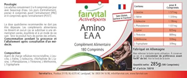 Fairvital | Amino EAA - 180 comprimés - acides aminés essentiels - phénylalanine, tryptophane, thréonine, lysine, valine, méthionine, leucine et isoleucine - 100% végan- Made in Germany – Image 5