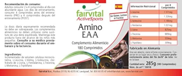 Fairvital | Amino EAA - 180 comprimés - acides aminés essentiels - phénylalanine, tryptophane, thréonine, lysine, valine, méthionine, leucine et isoleucine - 100% végan- Made in Germany – Image 6