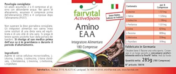 Fairvital | Amino EAA - 180 comprimés - acides aminés essentiels - phénylalanine, tryptophane, thréonine, lysine, valine, méthionine, leucine et isoleucine - 100% végan- Made in Germany – Image 7