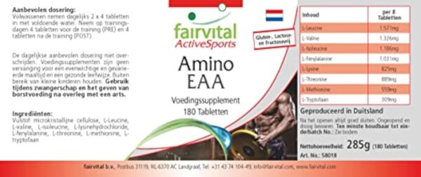 Fairvital | Amino EAA - 180 comprimés - acides aminés essentiels - phénylalanine, tryptophane, thréonine, lysine, valine, méthionine, leucine et isoleucine - 100% végan- Made in Germany – Image 8