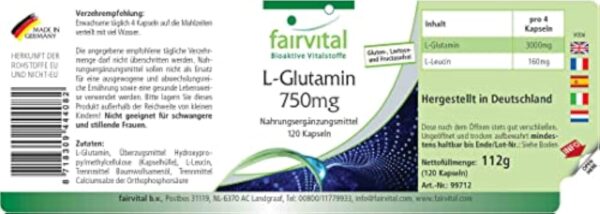 Fairvital | L-glutamine 750 mg VEGAN - dose élevée - 120 capsules - forme libre de l'acide aminé – Image 3