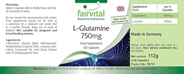 Fairvital | L-glutamine 750 mg VEGAN - dose élevée - 120 capsules - forme libre de l'acide aminé – Image 4