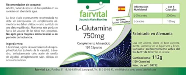 Fairvital | L-glutamine 750 mg VEGAN - dose élevée - 120 capsules - forme libre de l'acide aminé – Image 6