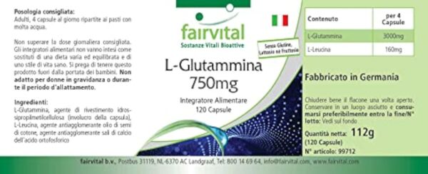 Fairvital | L-glutamine 750 mg VEGAN - dose élevée - 120 capsules - forme libre de l'acide aminé – Image 7
