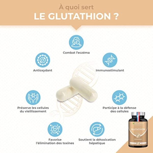 GLUTATHION - Réduit à 98% - Formule avec Précurseurs dont NAC + Vitamine C - Renforce l'Immunité, Antioxydant - Anti-âge, Peau Illuminée - 90 Gélules Vegan - Nutrimea - Fabriqué en France – Image 3