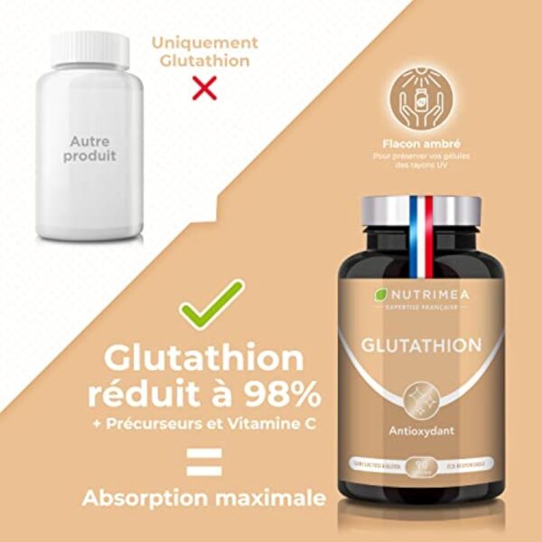 GLUTATHION - Réduit à 98% - Formule avec Précurseurs dont NAC + Vitamine C - Renforce l'Immunité, Antioxydant - Anti-âge, Peau Illuminée - 90 Gélules Vegan - Nutrimea - Fabriqué en France – Image 4