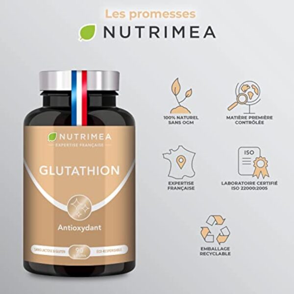 GLUTATHION - Réduit à 98% - Formule avec Précurseurs dont NAC + Vitamine C - Renforce l'Immunité, Antioxydant - Anti-âge, Peau Illuminée - 90 Gélules Vegan - Nutrimea - Fabriqué en France – Image 8