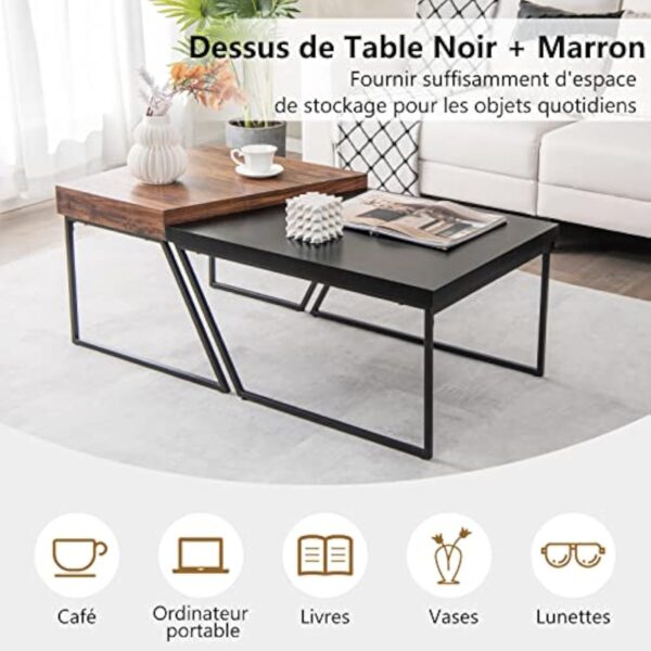 GOPLUS Tables Basses Bois MDF, 2 en 1 Table Basse Gigogne Industriel Vintage,2 Petites Tables Basses Salon Charge Max.90KG pour Chambre, Bureau 120x60x46CM – Image 3