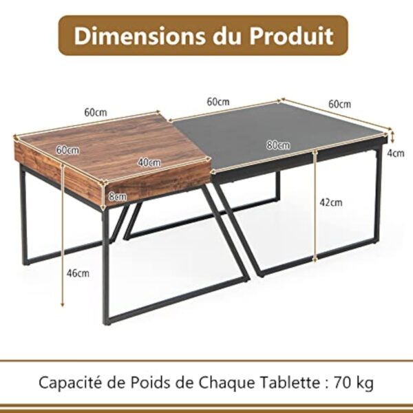GOPLUS Tables Basses Bois MDF, 2 en 1 Table Basse Gigogne Industriel Vintage,2 Petites Tables Basses Salon Charge Max.90KG pour Chambre, Bureau 120x60x46CM – Image 6