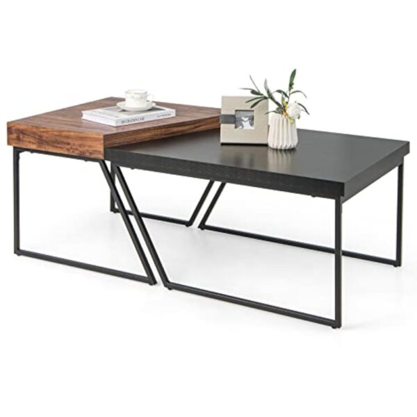 GOPLUS Tables Basses Bois MDF, 2 en 1 Table Basse Gigogne Industriel Vintage,2 Petites Tables Basses Salon Charge Max.90KG pour Chambre, Bureau 120x60x46CM – Image 7