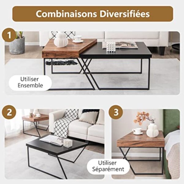 GOPLUS Tables Basses Bois MDF, 2 en 1 Table Basse Gigogne Industriel Vintage,2 Petites Tables Basses Salon Charge Max.90KG pour Chambre, Bureau 120x60x46CM – Image 8